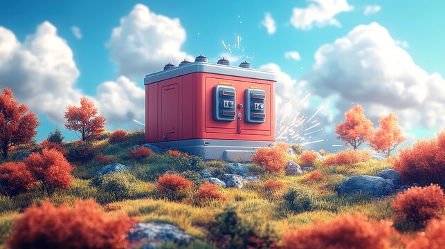 Futuristic utility box nestled in autumnal landscape
