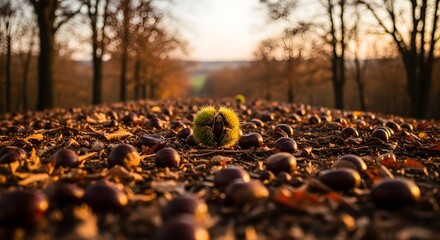 Chestnut on Leaves in Autumn Forest