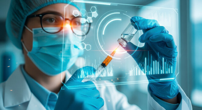 Medical professional in a mask and gloves drawing vaccine from a vial with a syringe, surrounded by glowing scientific data and molecules, representing pharmaceutical research