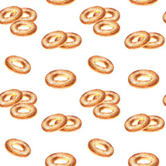 Bagels with sesame seeds seamless pattern. Fresh bakery snack. Watercolor hand drawn food illustration isolated on white background. Simple design for wrapping paper, packaging, cookbook.