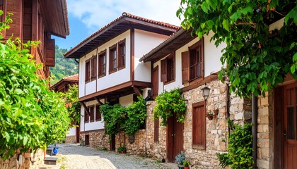 A picturesque village street lined with traditional houses