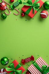 Festive vertical composition featuring Christmas presents, candy canes, and baubles on a green...