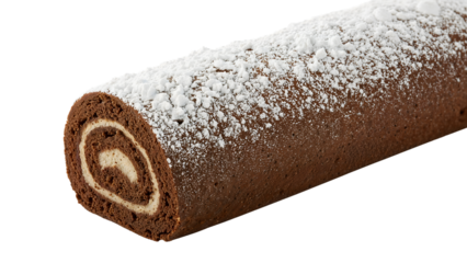 Delicious chocolate swiss roll with powdered sugar on isolated isolated background