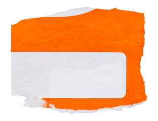 Part of white pattern on piece of torn bright orange paper with ripped edge isolated element