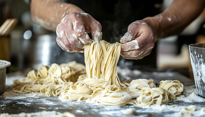 Masterful hands skillfully pull and shape fresh, homemade strands of dough, showcasing the traditional art of noodle making amidst rustic kitchen elements