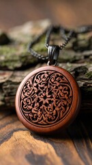 Ornate wooden pendant on chain