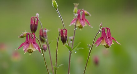Columbine Flower with Raindrops on Petals and Stem