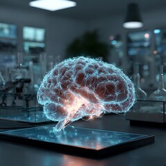 Glowing Brain Model on Lab Table Illustrating Neural Activity