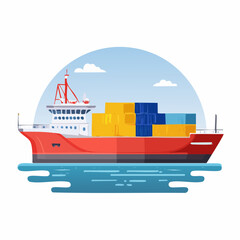 Stylized Red Cargo Ship with Colorful Containers on Deck.