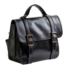 Naklejka premium Black leather satchel bag with buckles isolated on transparent background