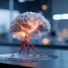 Glowing Brain Model on Lab Table Illustrating Neural Activity