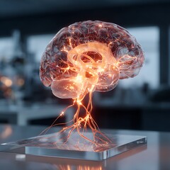Glowing Brain Model on Lab Table Illustrating Neural Activity