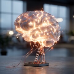 Glowing Brain Model on Lab Table Illustrating Neural Activity