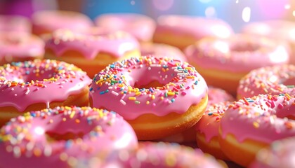 A pile of pink frosted donuts with sprinkles