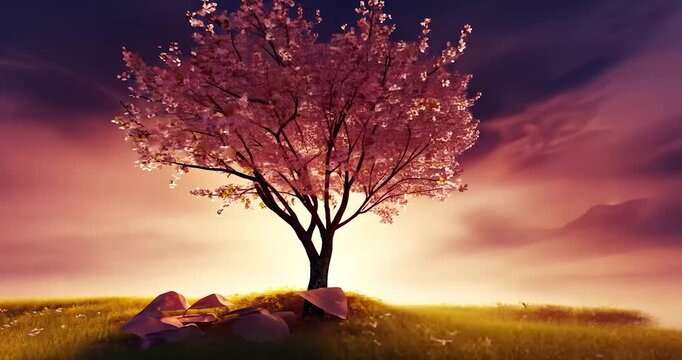 Pink blossom tree sunset landscape