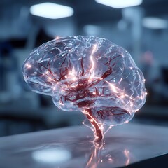 Glowing Brain Model on Lab Table Illustrating Neural Activity