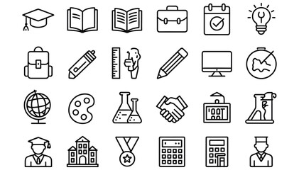 Fototapeta premium WebVector art of a comprehensive set of education icons representing school, learning, and academic subjects, isolated on white background