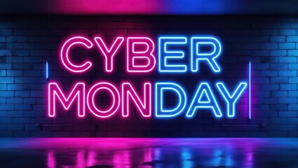 Neon cyber monday sign against a brick wall with a vibrant pink and blue light gradient effect