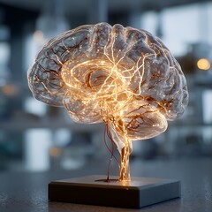 Glowing Brain Model on Lab Table Illustrating Neural Activity