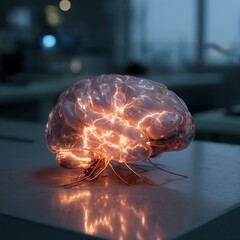 Glowing Brain Model on Lab Table Illustrating Neural Activity