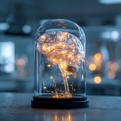 Glowing Brain Model on Lab Table Illustrating Neural Activity