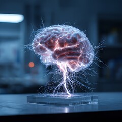 Glowing Brain Model on Lab Table Illustrating Neural Activity