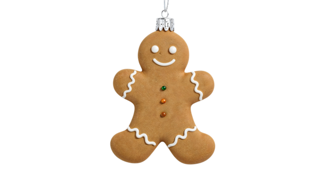 Festive gingerbread man ornament on isolated background with decorative icing and buttons