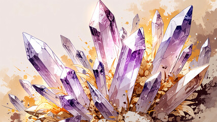 Purple crystals grow from the ground, surrounded by soft yellow plants, sparkling under a pale colorful light