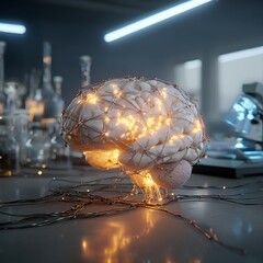 Glowing Brain Model on Lab Table Illustrating Neural Activity