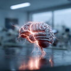 Glowing Brain Model on Lab Table Illustrating Neural Activity
