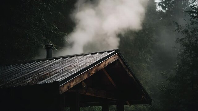Smoke rises from a rustic wooden cabin's chimney, nestled within a dark, lush forest. Rain slicked corrugated metal roof, moody atmosphere.