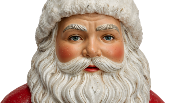 Closeup of a traditional santa claus figurine with detailed features and red attire