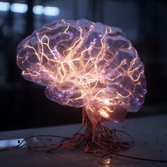 Glowing Brain Model on Lab Table Illustrating Neural Activity