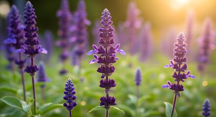 Purple Flower Blooms in Field at Sunset