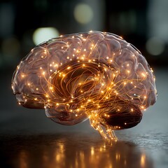 Glowing Brain Model on Lab Table Illustrating Neural Activity