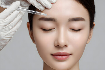 A young woman receiving face care treatment with hyaluronic acid and botox injections for anti-aging