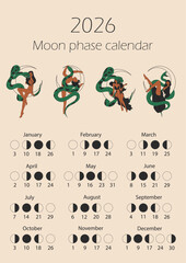 Moon phases calendar 2026 with woman with a snake wrapped around her body. Waning gibbous, Waxing crescent, New moon, Full moon with dates.