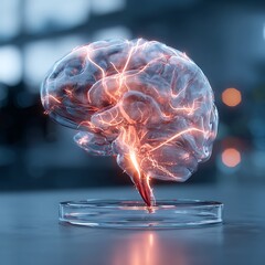 Glowing Brain Model on Lab Table Illustrating Neural Activity