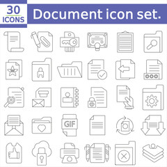  Document icon set. Files related line icons papers, folder, certificate, accept, approved, clipboard, invoice, archive, report, search,