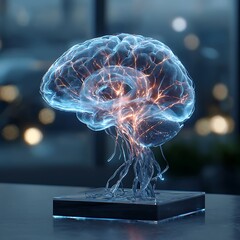 Glowing Brain Model on Lab Table Illustrating Neural Activity