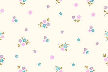Soft pastel floral pattern with pink, blue, and purple flowers scattered on a light beige background. Cute and delicate design ideal for fabric or kids' decor.