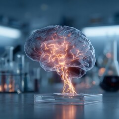 Glowing Brain Model on Lab Table Illustrating Neural Activity