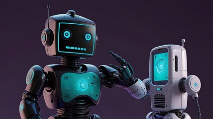 Fototapeta premium Two friendly robots interacting with glowing screens and circuits