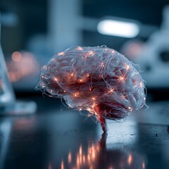 Glowing Brain Model on Lab Table Illustrating Neural Activity