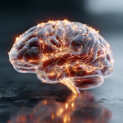 Glowing Brain Model on Lab Table Illustrating Neural Activity