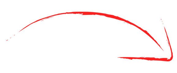 Dynamic red brush stroke arrow curves downward indicating direction and progress with a bold, artistic flair for emphasis