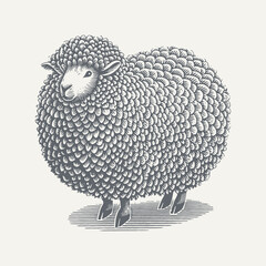 A charming black and white engraving of a fluffy sheep, ideal for a classic design.