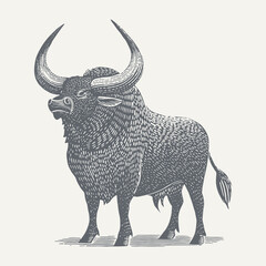 A detailed illustration of a strong bull with impressive horns, rendered in black and white.