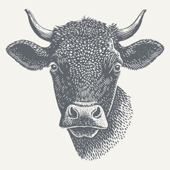 Intricate black and white illustration of a cow's head with detailed shading and texture.