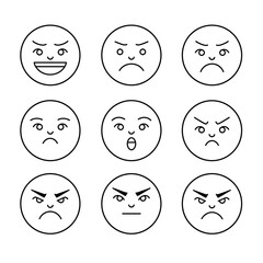 Collection of linear face icons depicting a range of human emotions from anger to happiness. Vector graphic set of expressive emoticons.